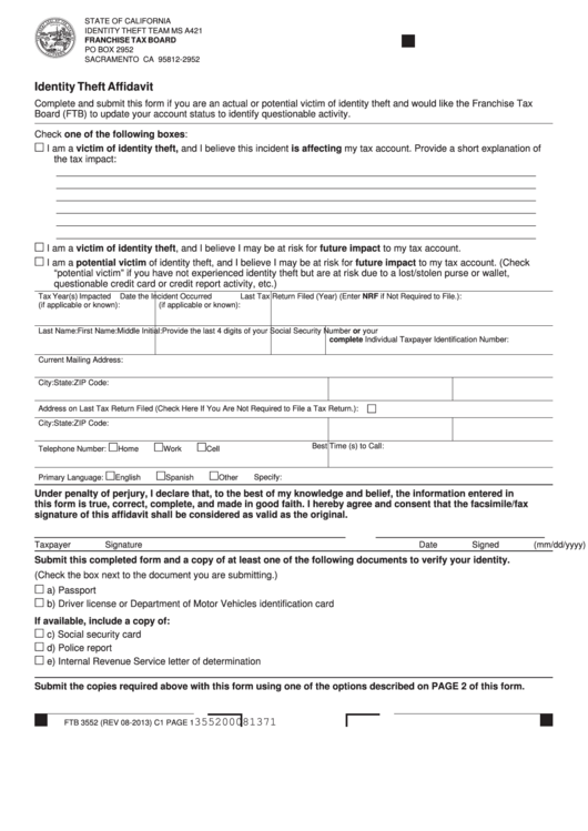 Form Ftb 3552 - Identity Theft Affidavit Printable pdf