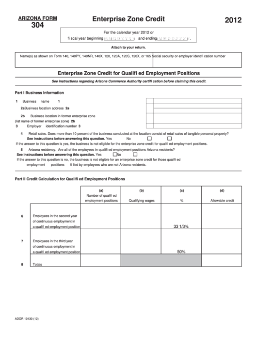 Fillable Arizona Form 304 - Enterprise Zone Credit - 2012 Printable pdf