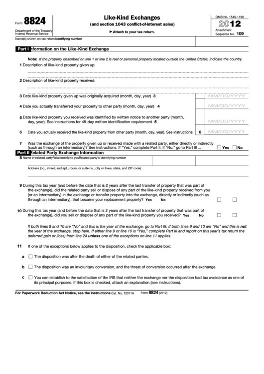 Fillable Form 8824 - Like-Kind Exchanges - 2012 Printable pdf