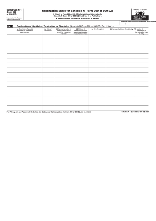 Fillable Schedule N-1 (Form 990 Or 990-Ez) - Continuation Sheet For Schedule N (Form 990 Or 990-Ez) - 2009 Printable pdf
