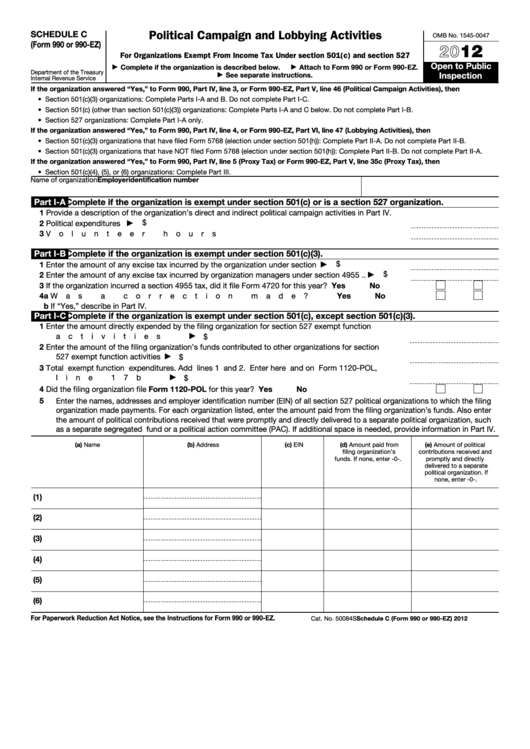Fillable Schedule C (Form 990 Or 990-Ez) - Political Campaign And Lobbying Activities - 2012