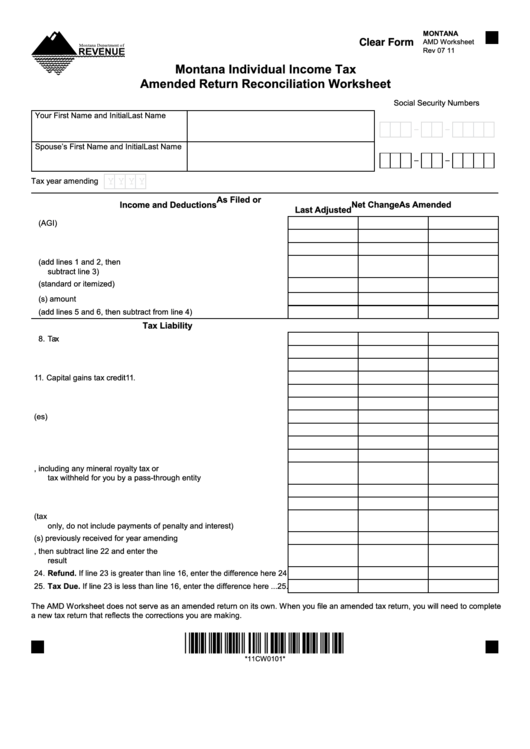 Fillable Form Amd - Montana Individual Income Tax Amended Return Reconciliation Worksheet Printable pdf