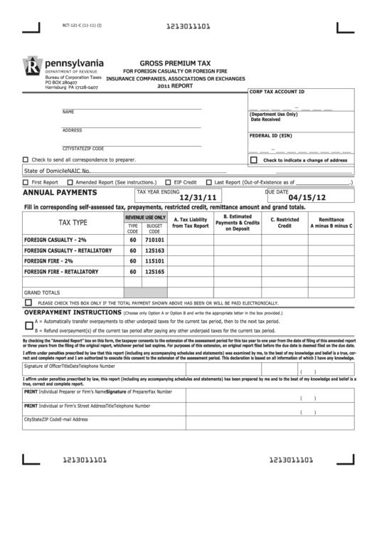 Form Rct-121-C - Gross Premium Tax For Foreign Casualty Or Foreign Fire Insurance Companies, Associations Or Exchanges - 2011 Printable pdf