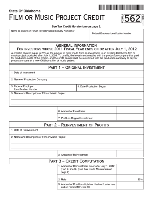 Fillable Form 562 - Film Or Music Project Credit - 2011 Printable pdf