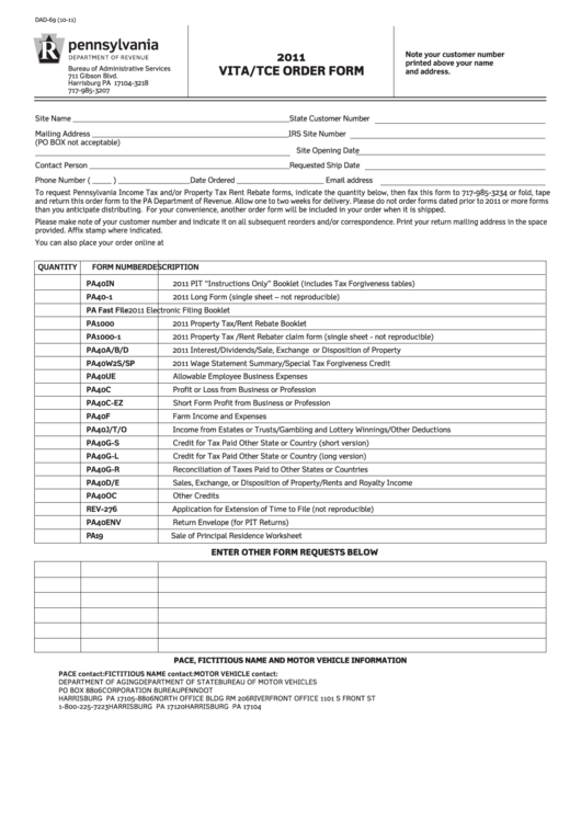Form Dad-69 - Vita/tce Order Form - 2011 Printable pdf