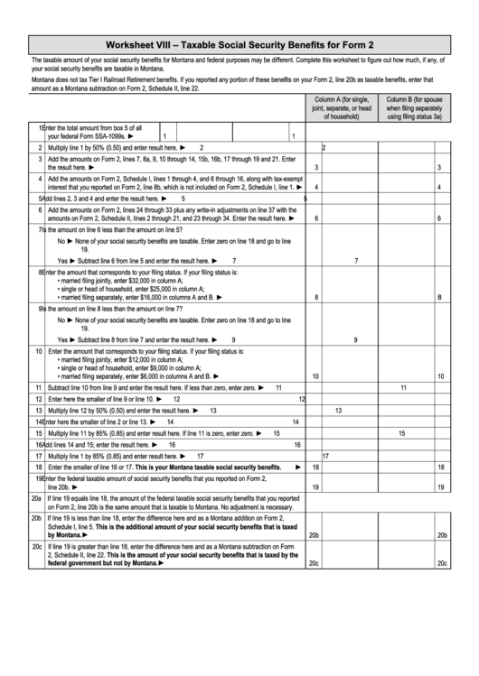 Worksheet Viii - Taxable Social Security Benefits For Form 2 Printable pdf