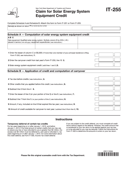 Fillable Form It-255 - Claim For Solar Energy System Equipment Credit - 2011 Printable pdf