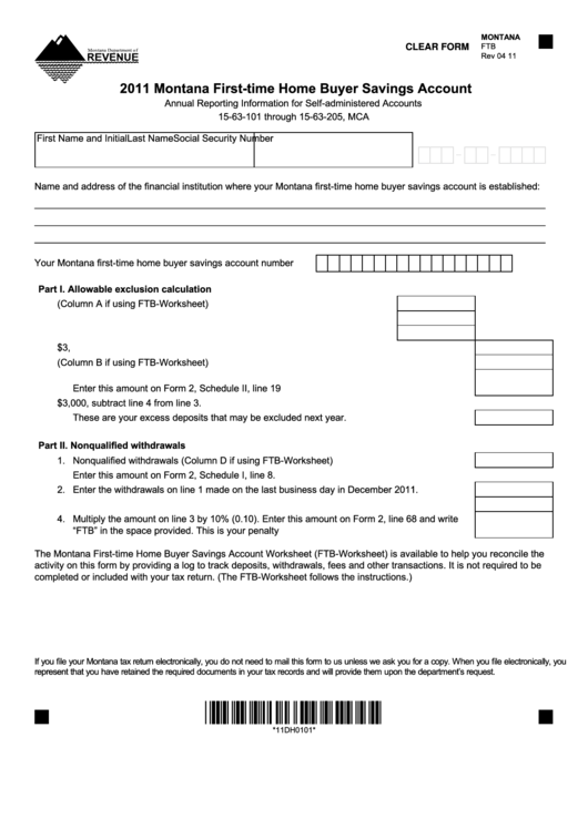 Fillable Form Ftb - Montana First-Time Home Buyer Savings Account - 2011 Printable pdf