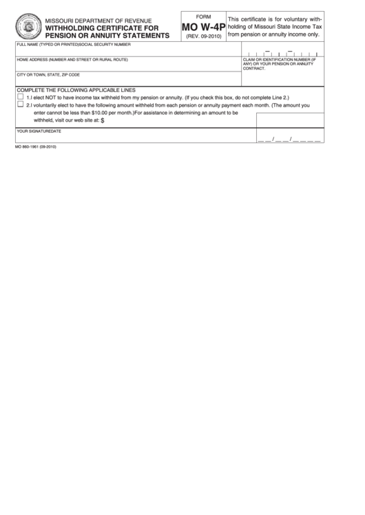 Fillable Form Mo W-4p - Withholding Certificate For Pension Or Annuity Statements Printable pdf