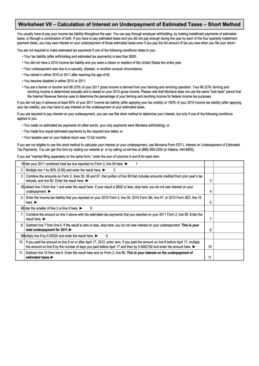 Worksheet Vii - Calculation Of Interest On Underpayment Of Estimated Taxes - Short Method Printable pdf