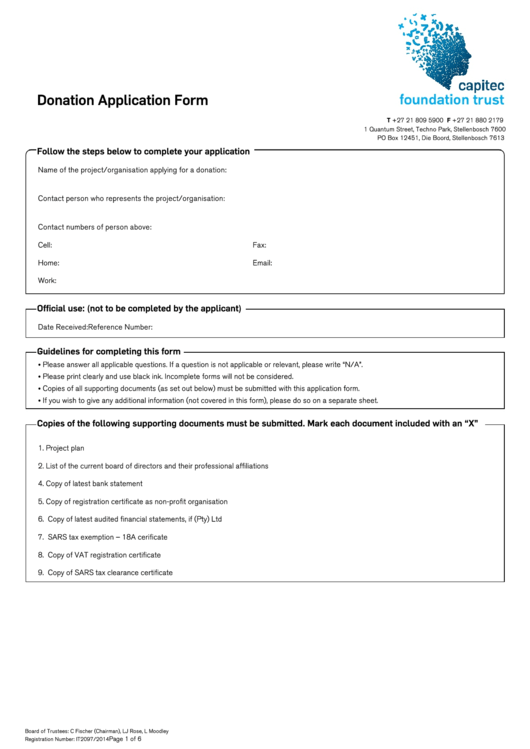 Fillable Donation Application Form - Capitec Foundation Trust Printable pdf