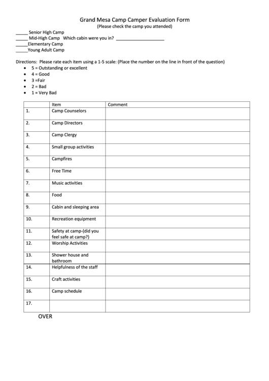 Camper Evaluation Form Printable pdf