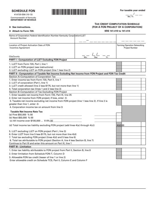 Schedule Fon (Form 41a720-S56) - Tax Credit Computation Schedule (For A Fon Project Of A Corporation) Printable pdf