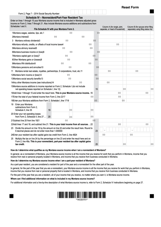 Fillable Schedule Iv (Form 2) - Nonresident/part-Year Resident Tax - 2014 Printable pdf