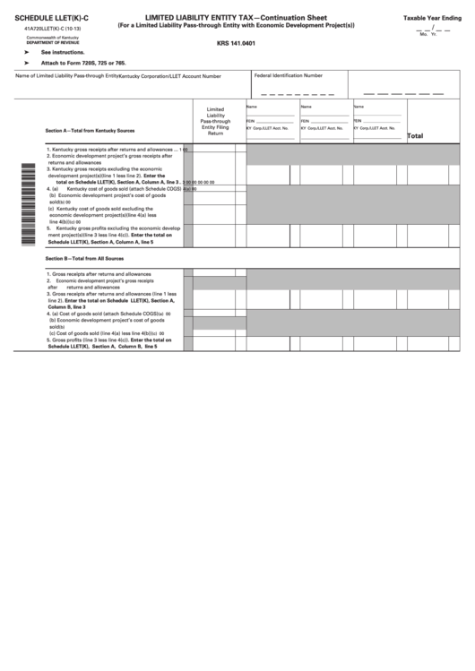 Schedule Llet(K)-C (Form 41a720llet(K)-C) - Limited Liability Entity Tax - Continuation Sheet Printable pdf