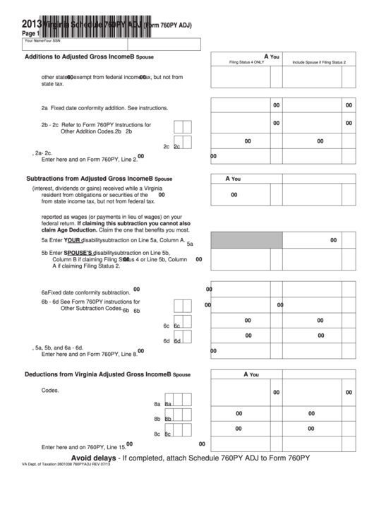 Fillable Virginia Schedule 760py Adj (Form 760py Adj) - 2013 Printable pdf