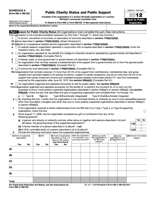 Fillable Schedule A (Form 990 Or 990-Ez) - Public Charity Status And Public Support - 2012 Printable pdf