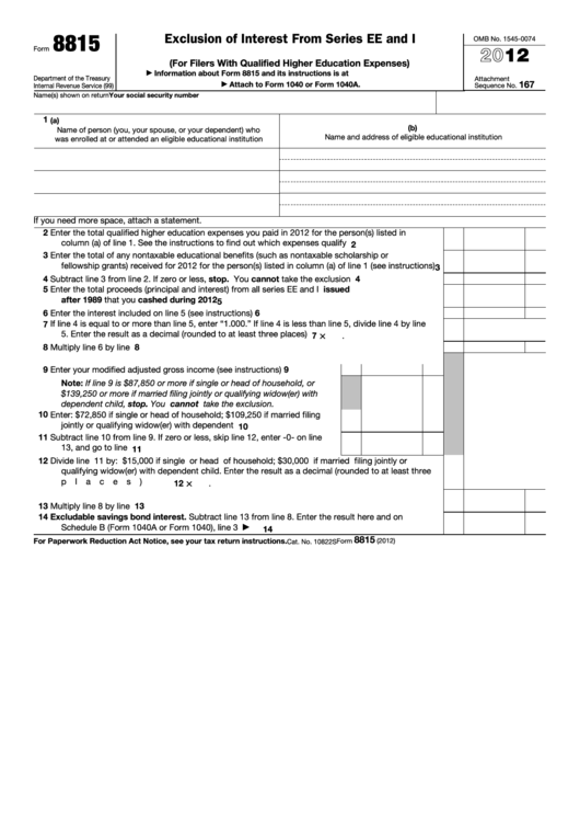 Fillable Form 8815 - Exclusion Of Interest From Series Ee And I U.s. Savings Bonds Issued After 1989 - 2012 Printable pdf