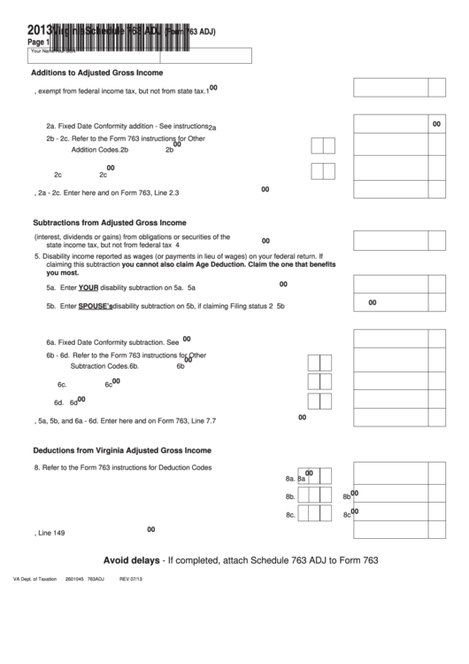 Fillable Virginia Schedule 763 Adj (Form 763 Adj) - 2013 Printable pdf