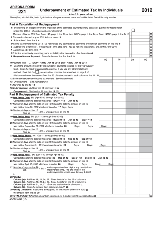Fillable Arizona Form 221 - Underpayment Of Estimated Tax By Individuals - 2012 Printable pdf
