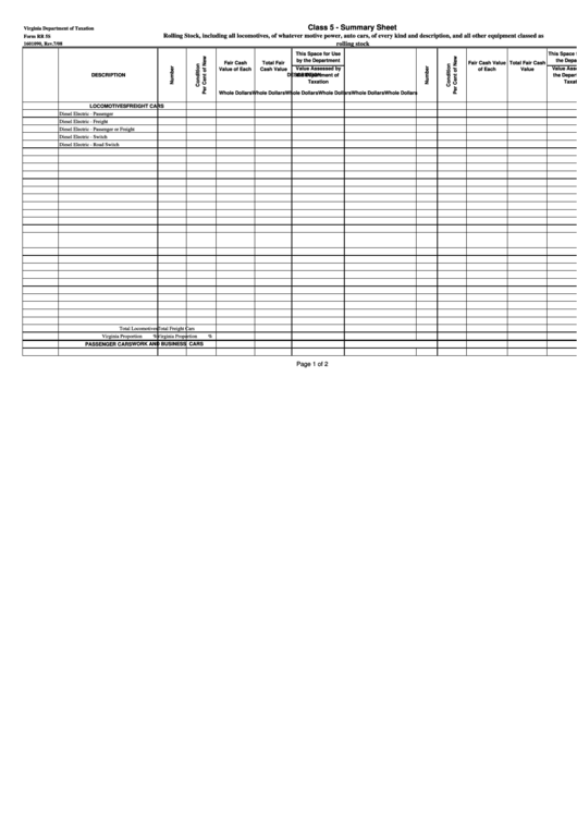 Fillable Form Rr 5s - Class 5 - Summary Sheet - Rolling Stock, Including All Locomotives, Of Whatever Motive Power, Auto Cars, Of Every Kind And Description, And All Other Equipment Classed As Rolling Stock Printable pdf