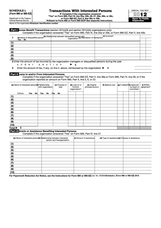 Fillable Schedule L (Form 990 Or 990-Ez) - Transactions With Interested Persons - 2012 Printable pdf