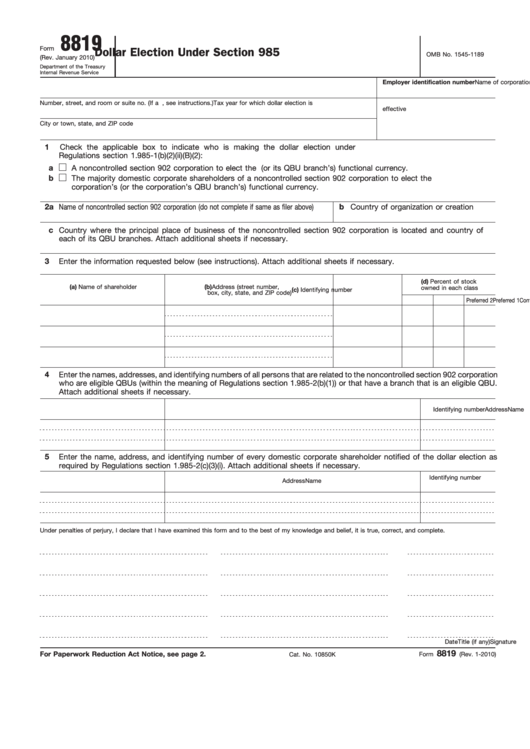 Fillable Form 8819 - Dollar Election Under Section 985 Printable pdf