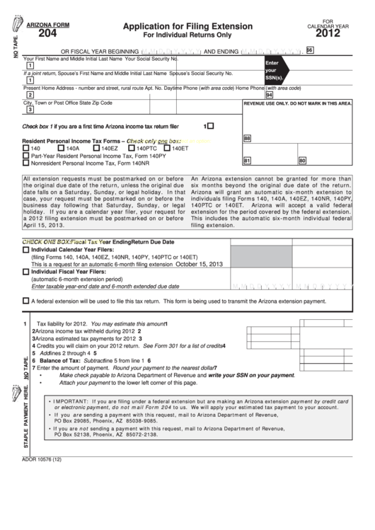 Fillable Arizona Form 204 - Application For Filing Extension (For Individual Returns Only) - 2012 Printable pdf