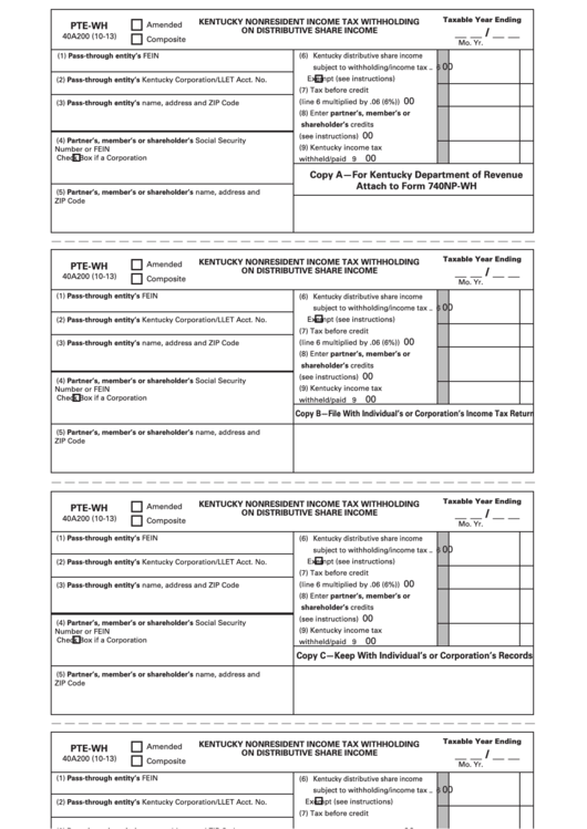 Form Pte-Wh (State Form 40a200) - Kentucky Nonresident Income Tax Withholding On Distributive Share Income Printable pdf