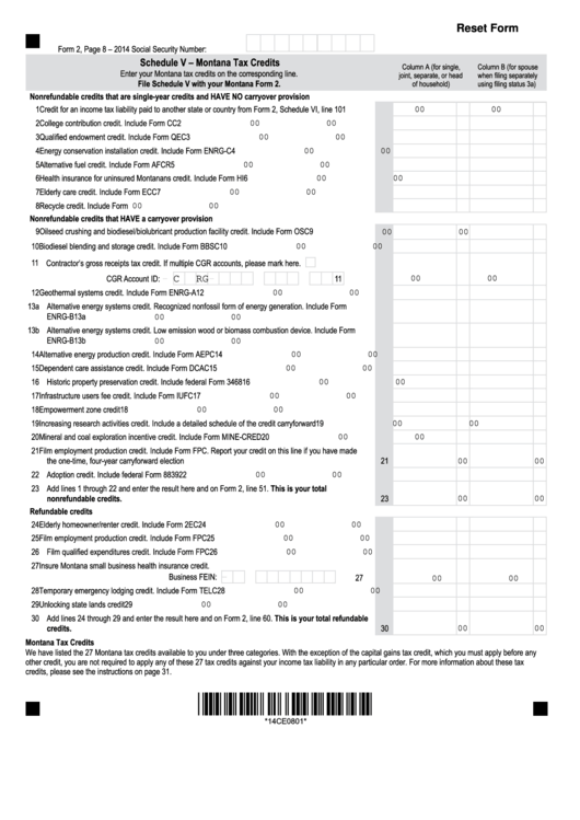 Fillable Schedule V (Form 2) - Montana Tax Credits - 2014 Printable pdf