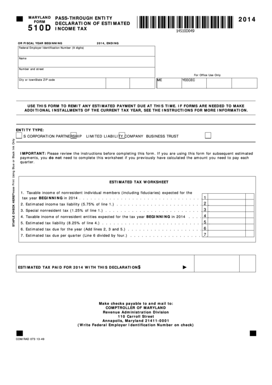 Fillable Maryland Form 510d - Pass-Through Entity Declaration Of Estimated Income Tax - 2014 Printable pdf