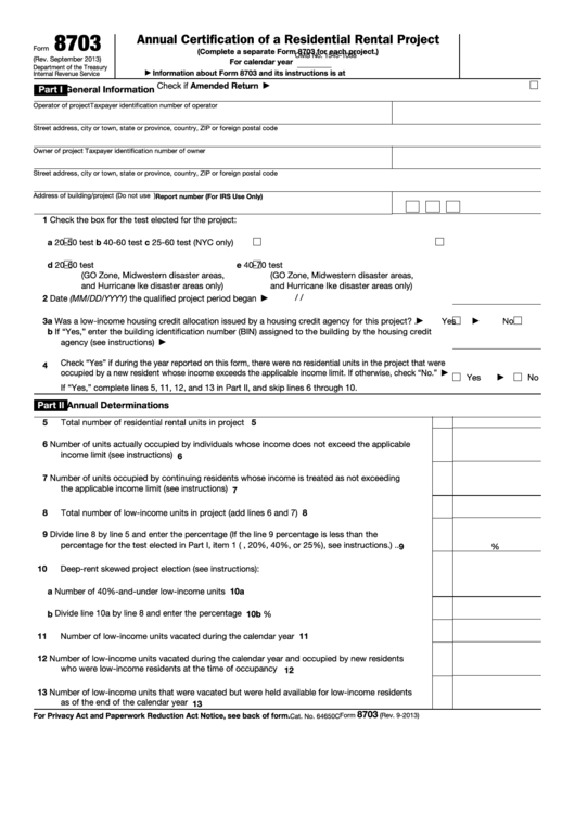 Fillable Form 8703 - Annual Certification Of A Residential Rental Project Printable pdf