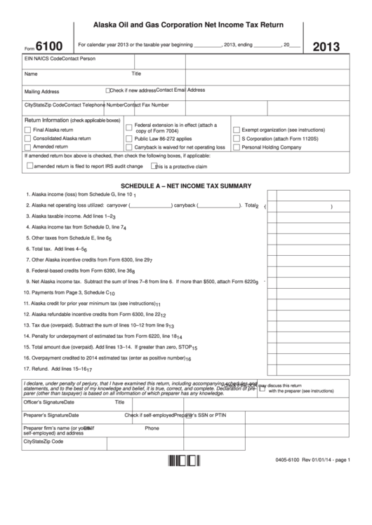 Fillable Form 6100 - Alaska Oil And Gas Corporation Net Income Tax Return - 2013 Printable pdf