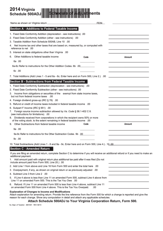 Fillable Virginia Schedule 500adj - Schedule Of Adjustments - 2014 Printable pdf