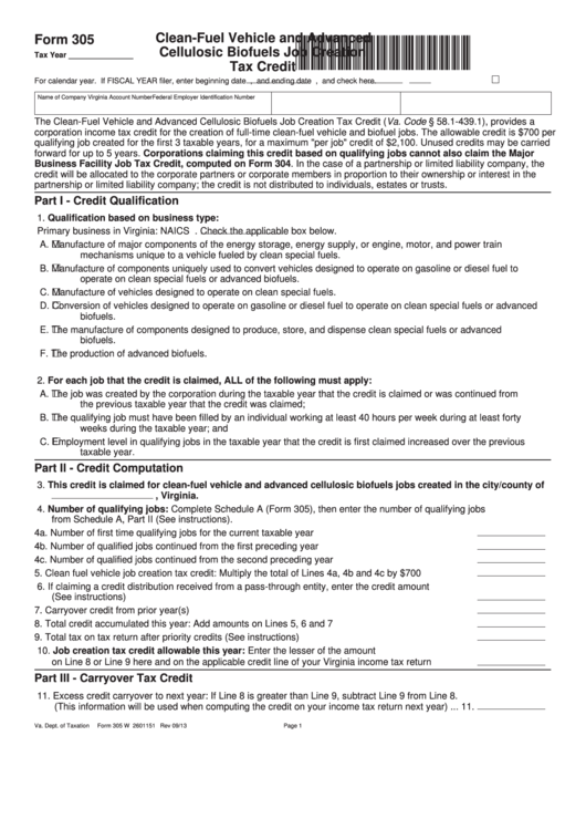 Fillable Form 305 - Clean-Fuel Vehicle And Advanced Cellulosic Biofuels Job Creation Tax Credit Printable pdf