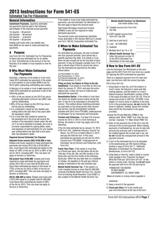 Fillable California Form 541-Es - Estimated Tax For Fiduciaries - 2013 Printable pdf