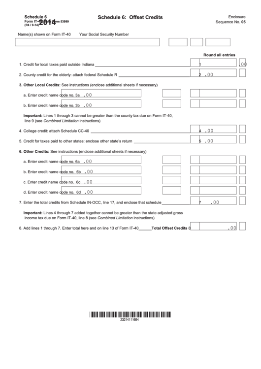 Fillable Schedule 6 (Form It-40) - Offset Credits - 2014 Printable pdf