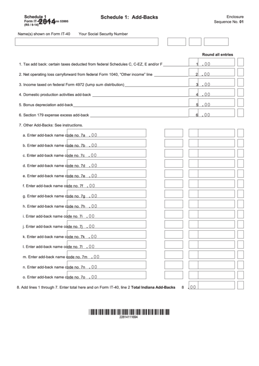 Fillable Schedule 1 (Form It-40) - Add-Backs - 2014 Printable pdf