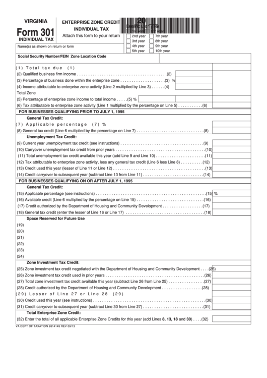 Fillable Virginia Form 301 - Enterprise Zone Credit Individual Tax Printable pdf