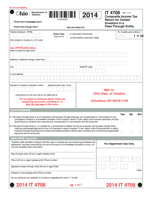 Form It 4708 - Composite Income Tax Return For Certain Investors In A Pass-Through Entity - 2014 Printable pdf
