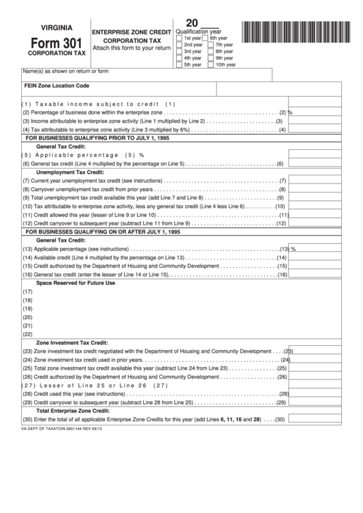 Fillable Virginia Form 301 - Enterprise Zone Credit Corporation Tax Printable pdf