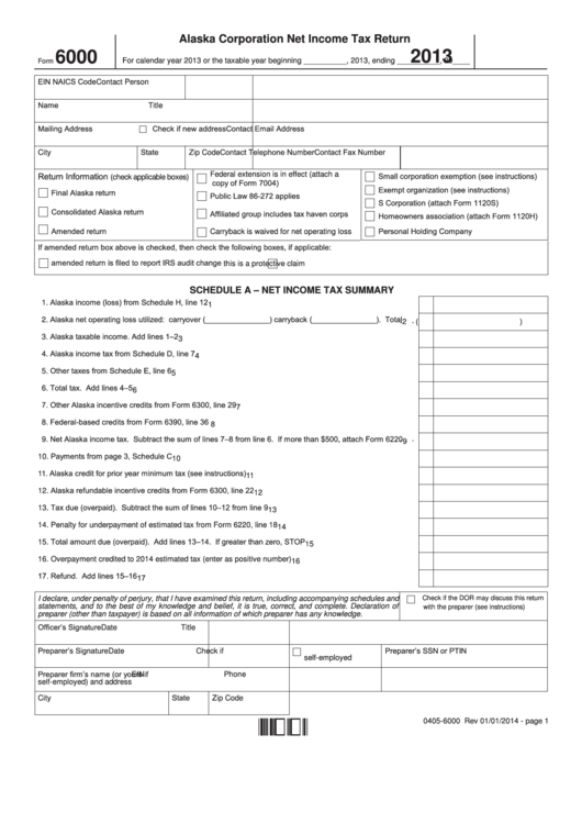 Fillable Form 6000 - Alaska Corporation Net Income Tax Return - 2013 Printable pdf
