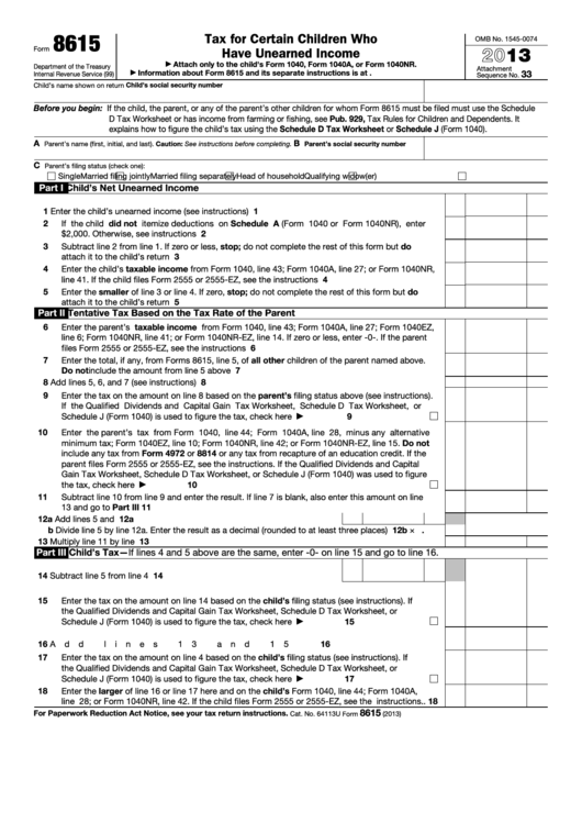 Fillable Form 8615 - Tax For Certain Children Who Have Unearned Income - 2013 Printable pdf