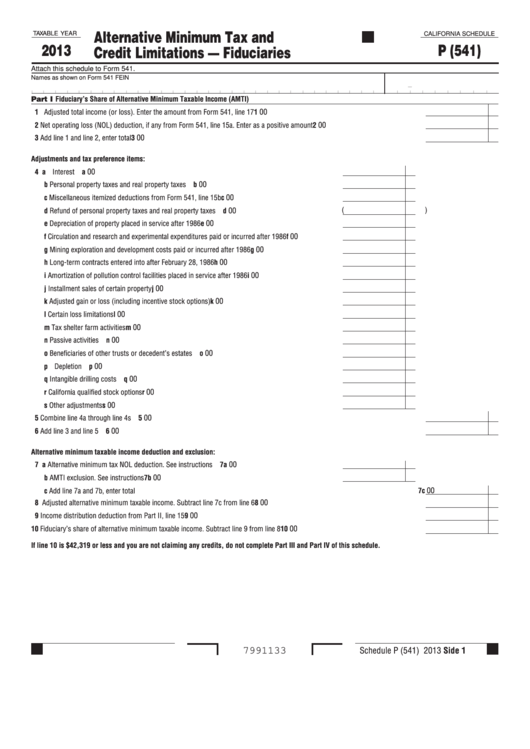 Fillable California Schedule P (Form 541) - Alternative Minimum Tax And Credit Limitations - Fiduciaries - 2013 Printable pdf