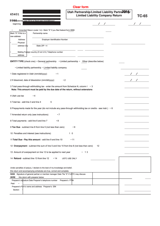 Fillable Form Tc-65 - Utah Partnership/limited Liability Partnership/limited Liability Company Return - 2014 Printable pdf