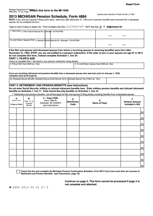 Fillable Form 4884 - Michigan Pension Schedule - 2013 Printable pdf