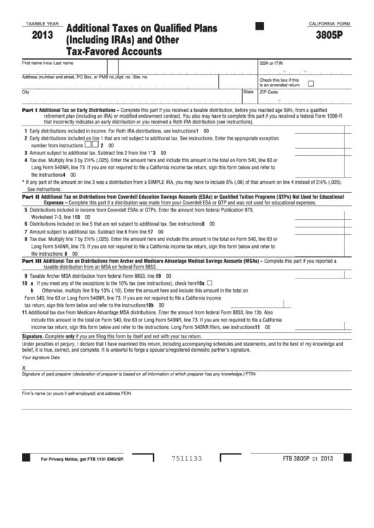 Fillable California Form 3805p - Additional Taxes On Qualified Plans (Including Iras) And Other Tax-Favored Accounts - 2013 Printable pdf