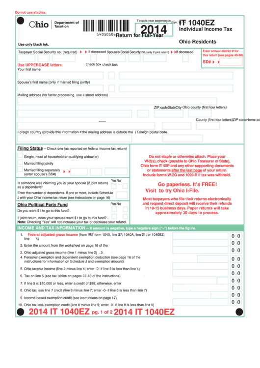 Fillable Form It 1040ez - Individual Income Tax Return For Full-Year Ohio Residents - 2014 Printable pdf