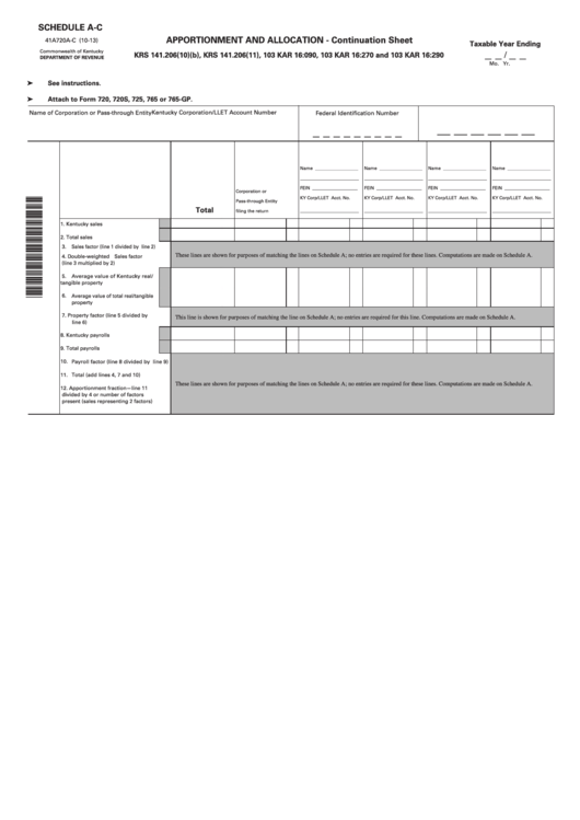 Schedule A-C (Form 41a720a-C) - Apportionment And Allocation - Continuation Sheet Printable pdf