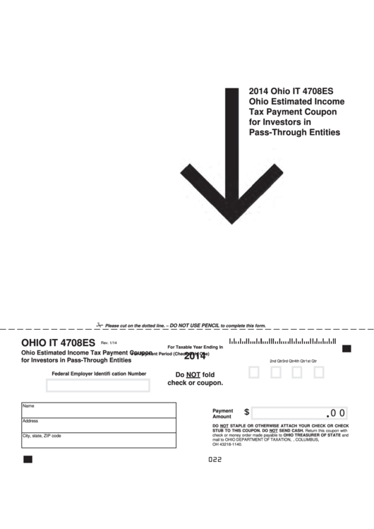Fillable Form It 4708es - Ohio Estimated Income Tax Payment Coupon For Investors In Pass-Through Entities - 2014 Printable pdf